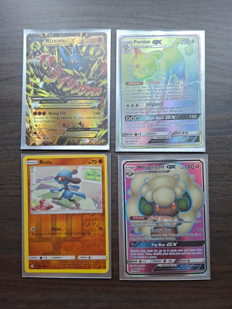 Pokémon kaarten: Mega Lucario EX, Persian GX, Riolu, Whimsic, Ophalen of Verzenden, Zo goed als nieuw, Meerdere kaarten, Foil