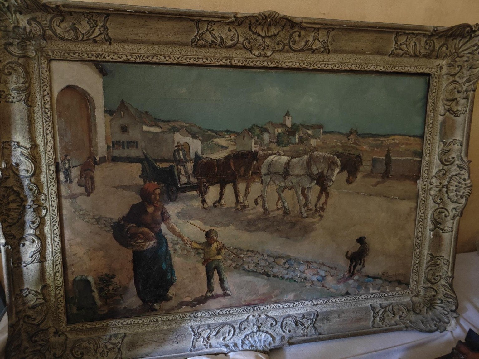 “Groot schilderij P. Landkroon – paarden met rijtuig 90x125”, Ophalen, Handgeschilderd, Doek, Oud hollands