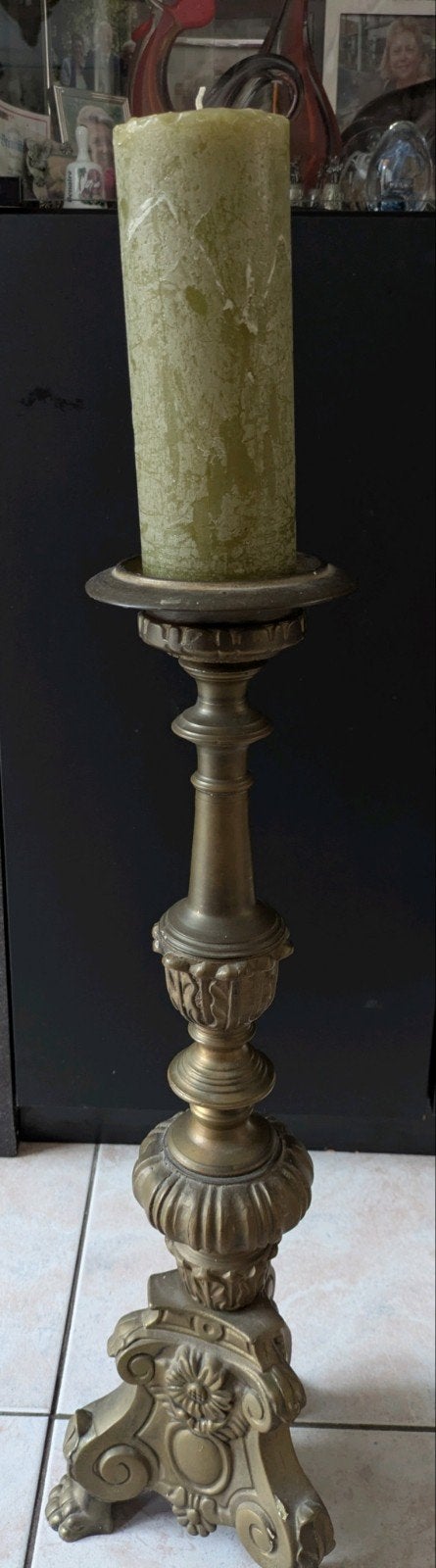 Antieke bronzen kandelaar met groene kaars, Antiek en Kunst, Ophalen of Verzenden