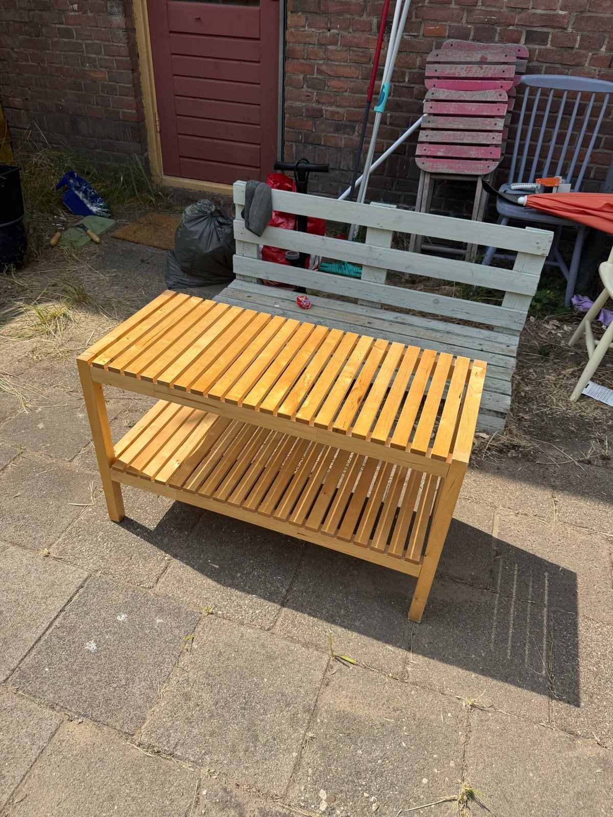 Houten bankje / schoenenrek met twee lagen, Ophalen, Zo goed als nieuw