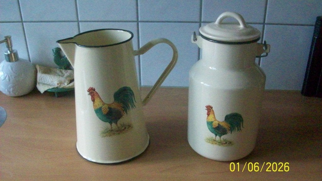 Emaille kan en melkbus met haan decoratie, Ophalen of Verzenden