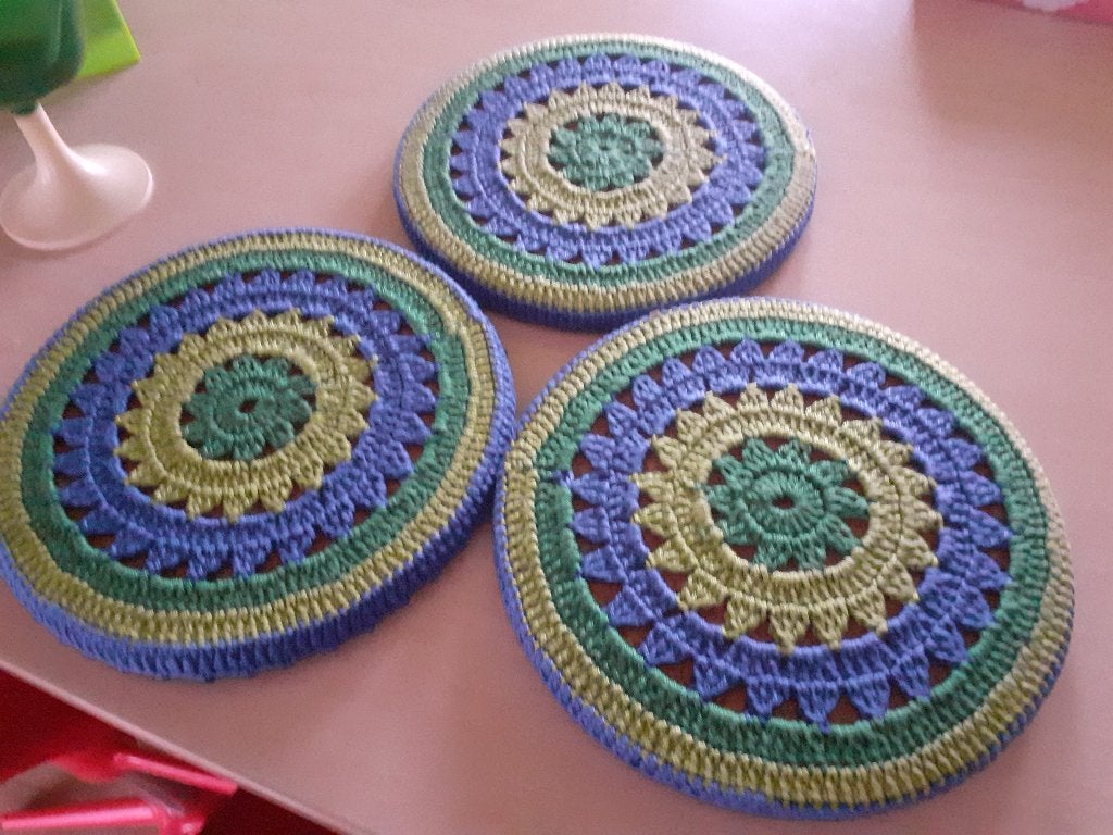 Onderzetters kurk gehaakt blauw groen retro jaren 70 design, Kurk, Zo goed als nieuw, Pannenonderzetter, Blauw