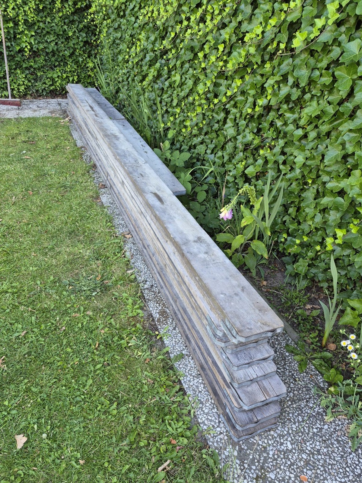 11 gebruikte steigerplanken 9x3 cm, lengte 5 meter, Doe-het-zelf en Verbouw, Hout en Planken, Ophalen, Gebruikt, 25 tot 50 mm