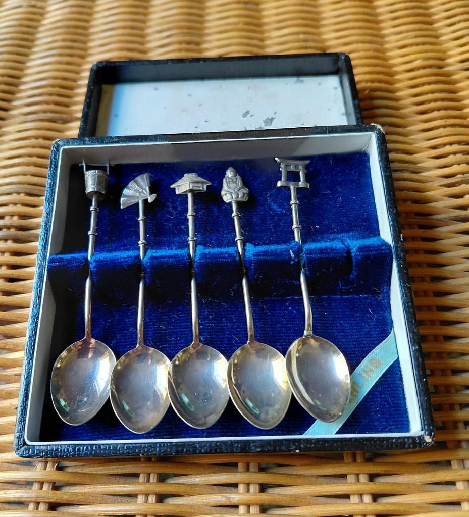 5 Japanse sterlingzilveren lepeltjes uit de 50er jaren., Antiek en Kunst, Ophalen of Verzenden
