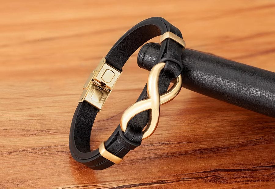 Zwarte Leren Gouden Infinity Heren Armband, Verzenden, Nieuw, Zwart, Leer
