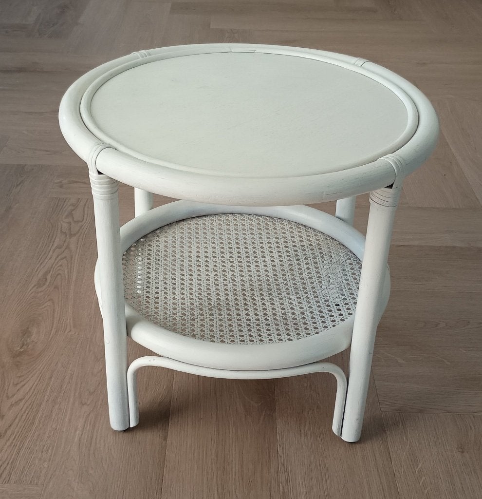 Vintage wit rotan salontafel / bijzettafel (Ibiza stijl)., Huis en Inrichting, Tafels | Bijzettafels, Ophalen, Minder dan 45 cm