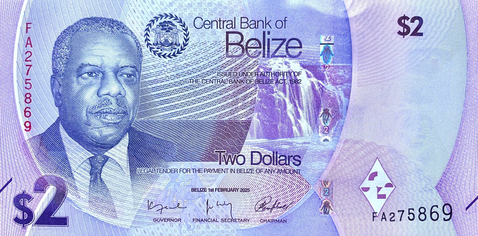 2 Dollars Belize 2025 Bankbiljet UNC #BL2, Postzegels en Munten, Bankbiljetten | Amerika, Ophalen of Verzenden, Midden-Amerika