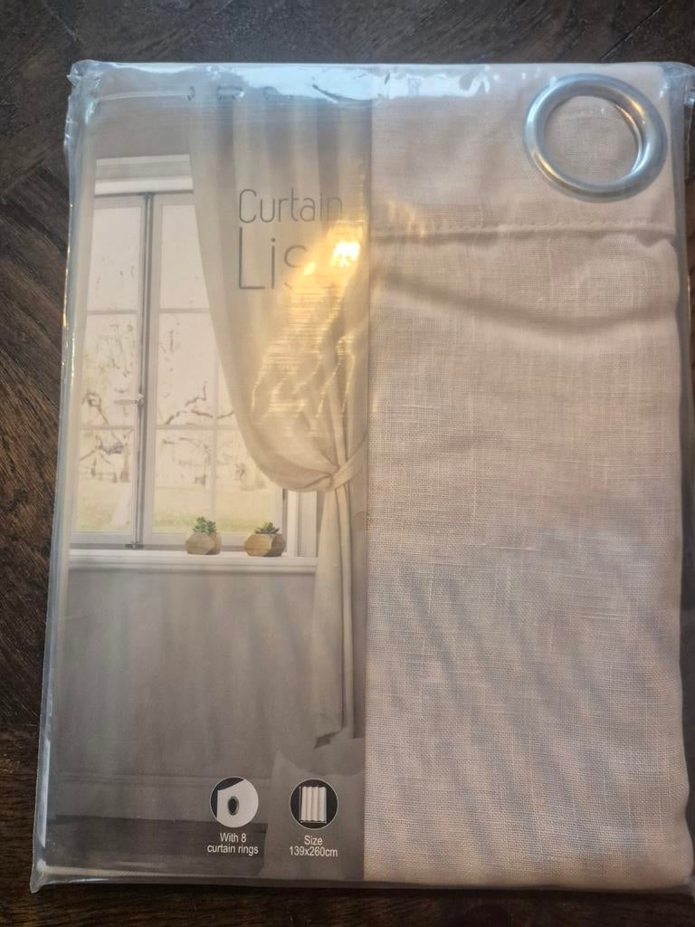 Licht beige/grijze vitrages met ringen, Huis en Inrichting, Ophalen of Verzenden, Beige, 200 cm of meer