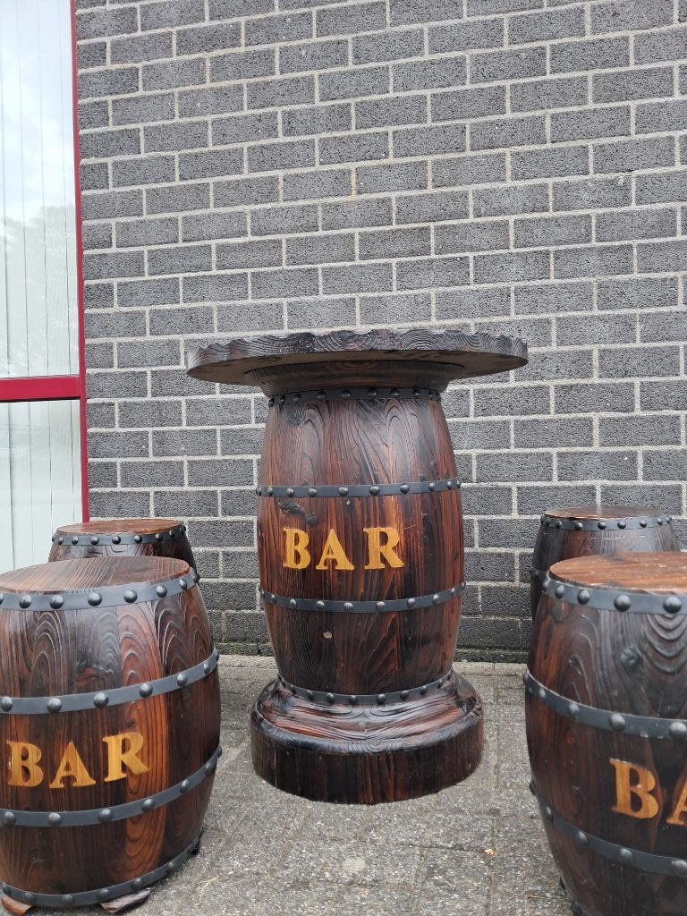 Authentieke bartafel set met 4 barkrukken tonnen, Ophalen, Zo goed als nieuw