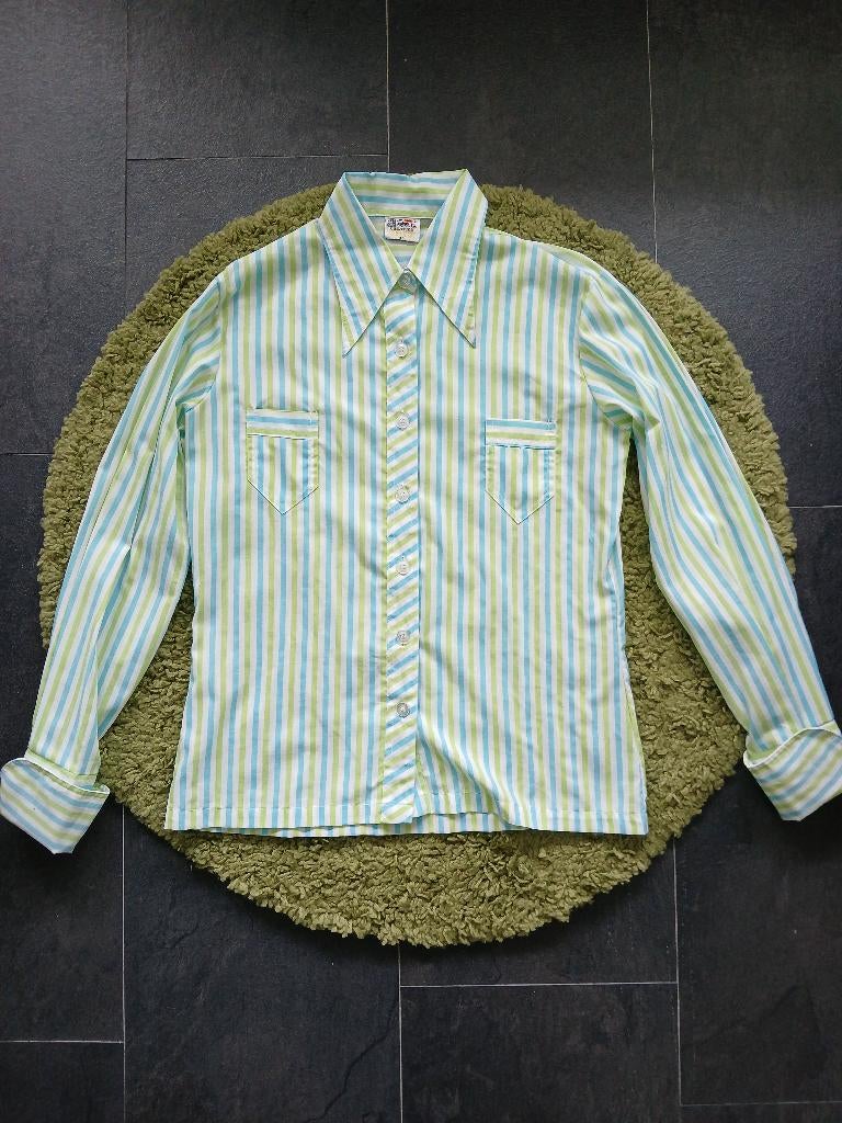 Vintage jaren 70 puntkraag blauw groen gestreepte blouse, M, Kleding | Dames, Blouses en Tunieken, Maat 38/40 (M), Verzenden, Zo goed als nieuw