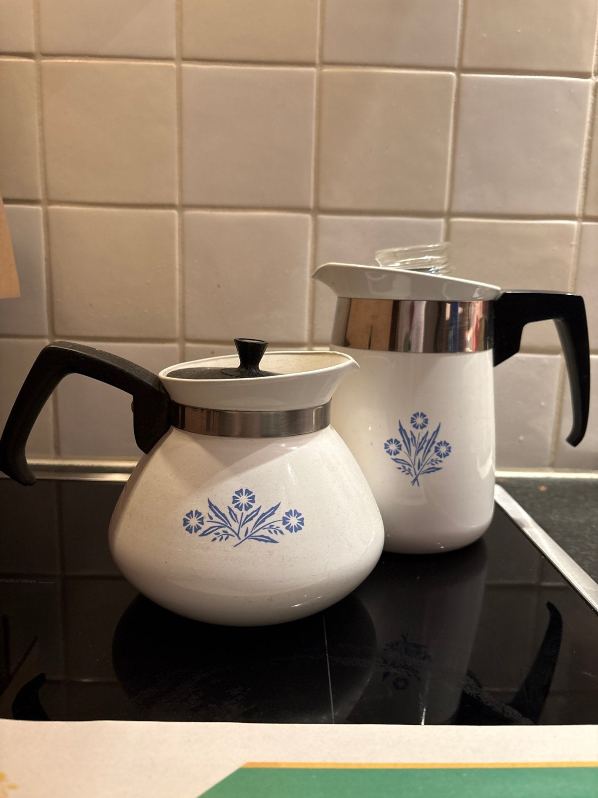 Vintage CorningWare Koffie- en Theepot Set - Blauw Bloemmoti, Ophalen of Verzenden