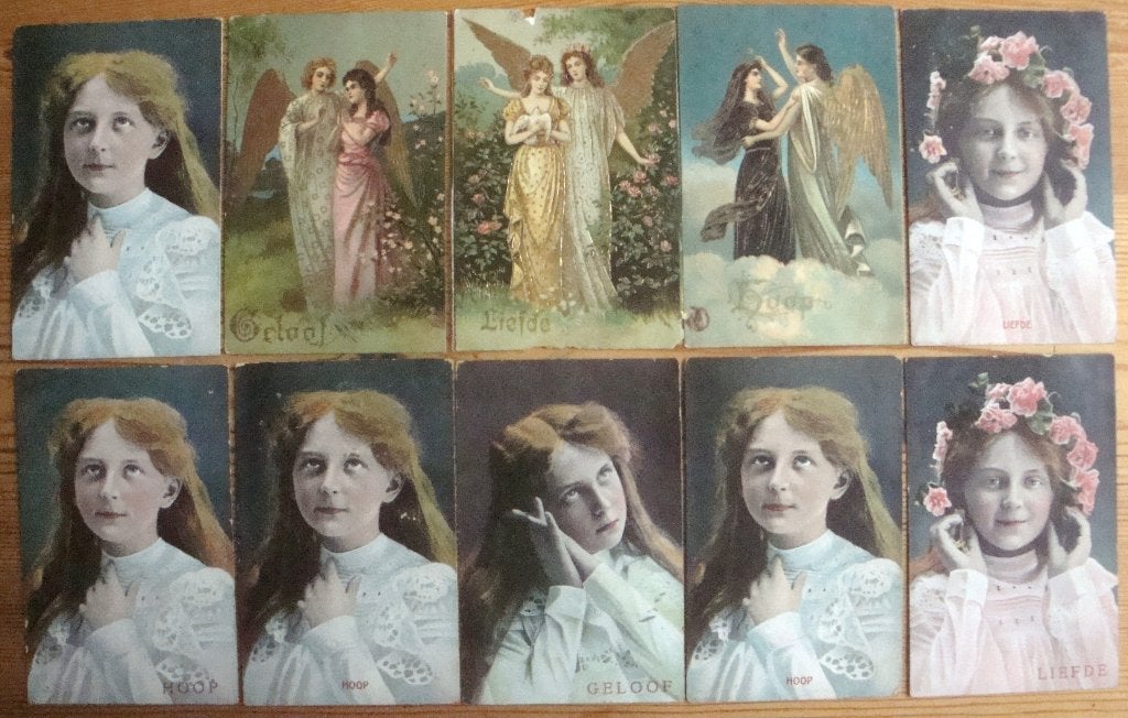 10 ansichtkaarten onder het thema Geloof, hoop en liefde, Ophalen of Verzenden, Voor 1920, Gelopen, Overige thema's
