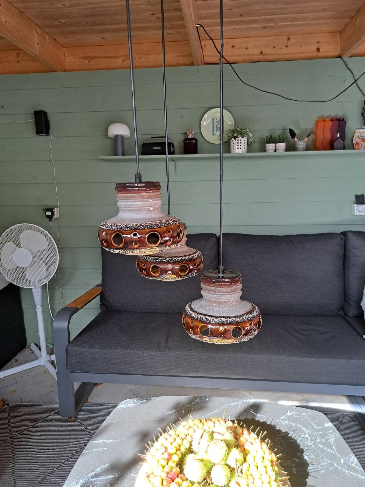 Vintage herda hanglamp met 3 keramische kappen - Jaren '70 s, Gebruikt, Metaal, E27 (groot), Vintage, Jaren '70, Retro, Bohemian