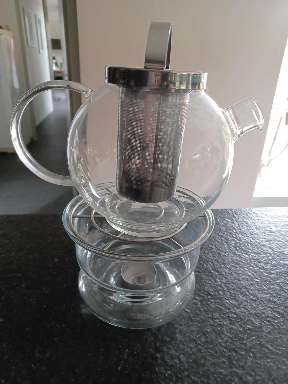 Glazen theepot met theelicht en theefilter, Ophalen of Verzenden, Zo goed als nieuw, Glas, Theepot