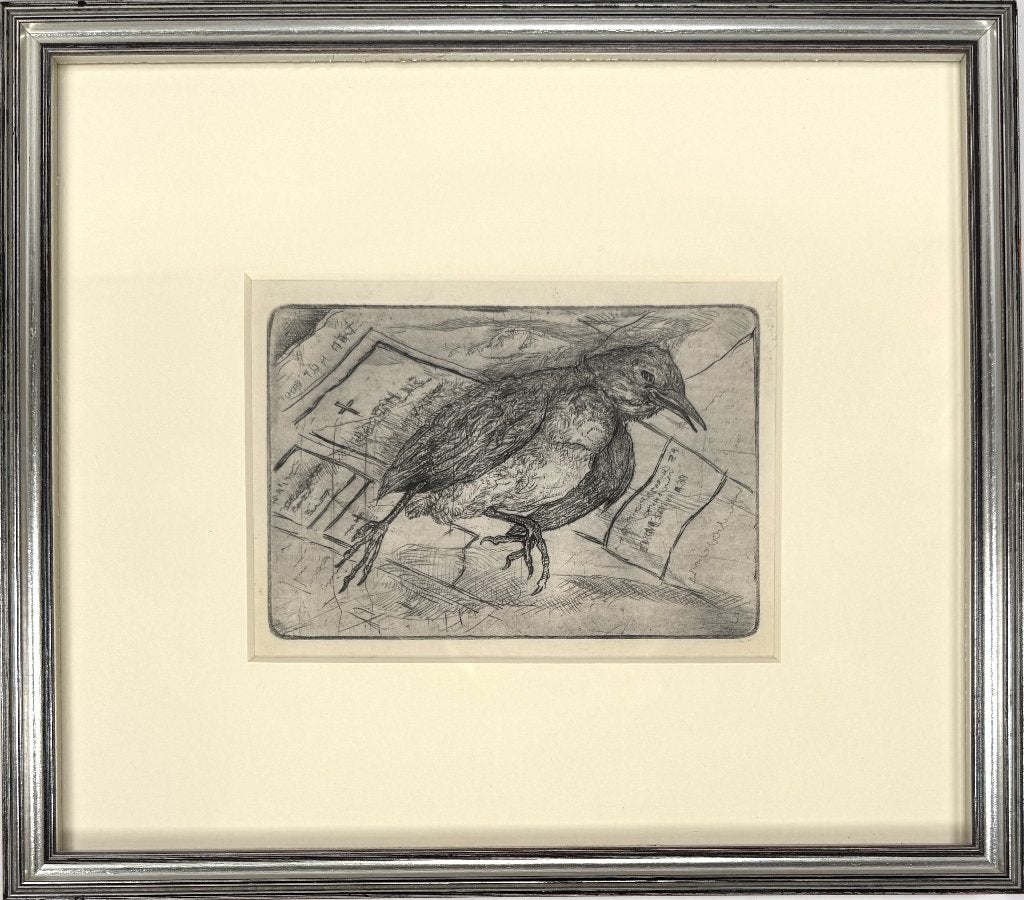 1300. Ets, Eef Scheffers – dode vogel op kranten, ca. 1980, Antiek en Kunst, Ophalen