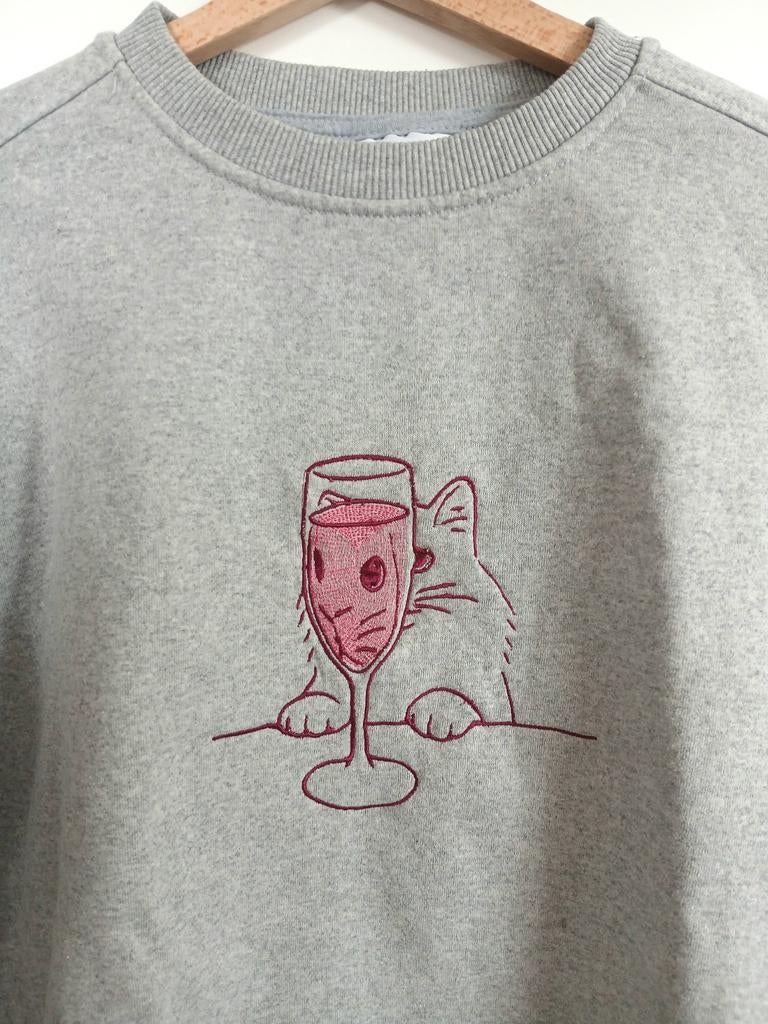 Geborduurd sweater trui poes kat en wijn, Ophalen of Verzenden, Zo goed als nieuw, Maat 38/40 (M)