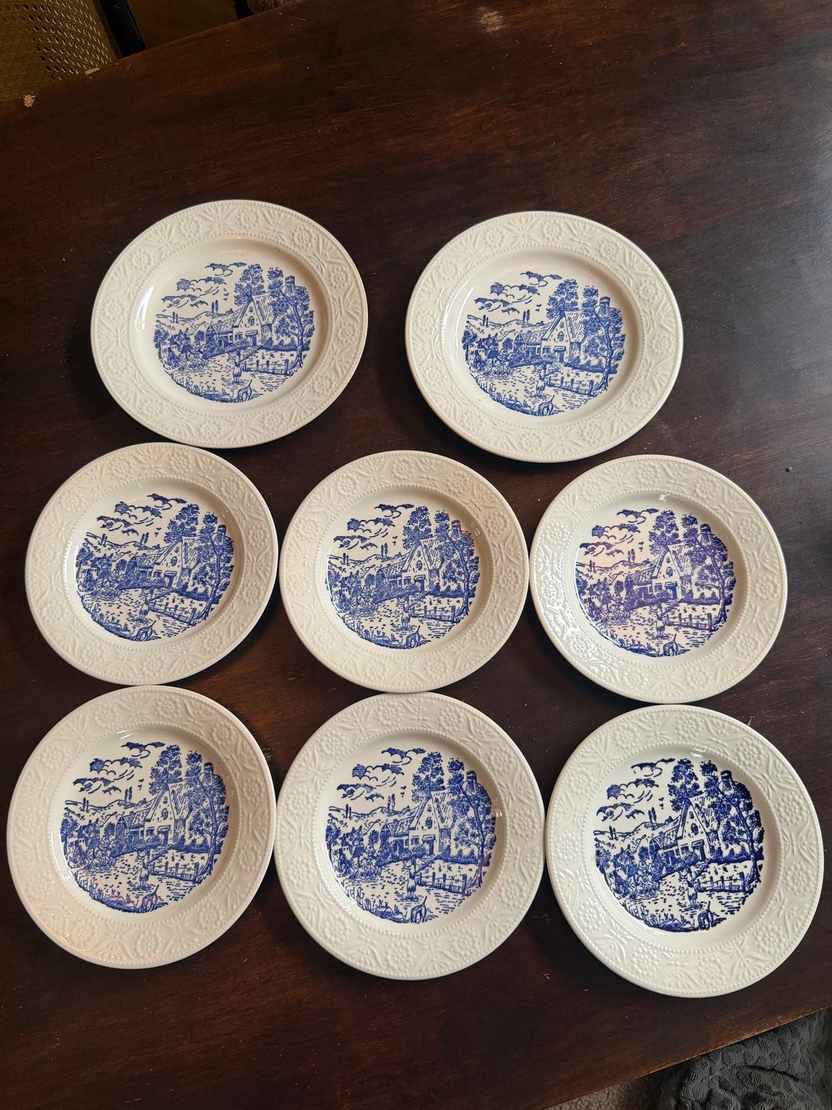 Engelse Blauw-Witte Transferware Borden met Cottage Scène, Ophalen of Verzenden