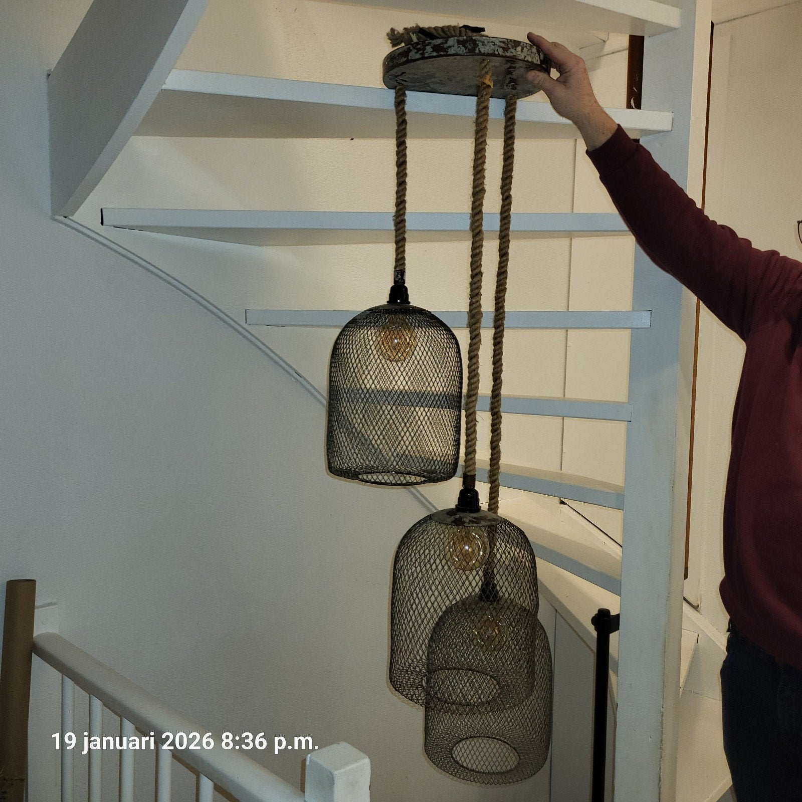 Industriële gaas lamp aan gevlochten touw - 3 kappen, Ophalen, Gebruikt, E27 (groot), Natuurlijk materiaal