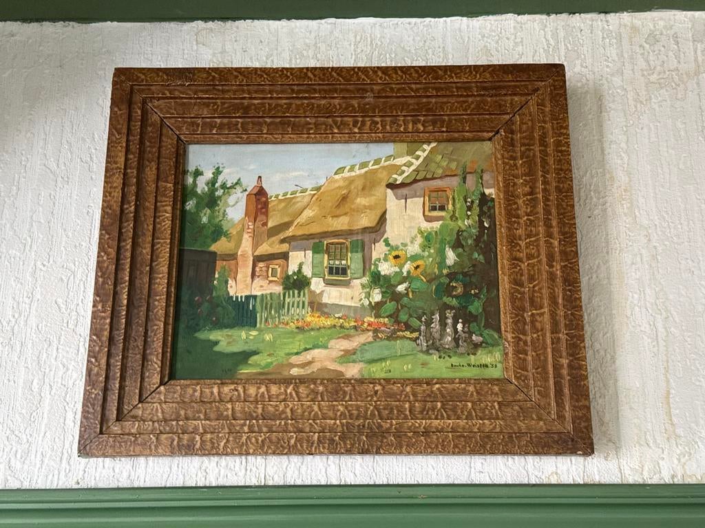 Schilderij: Landelijk huisje met rieten dak, gesigneerd, Ophalen