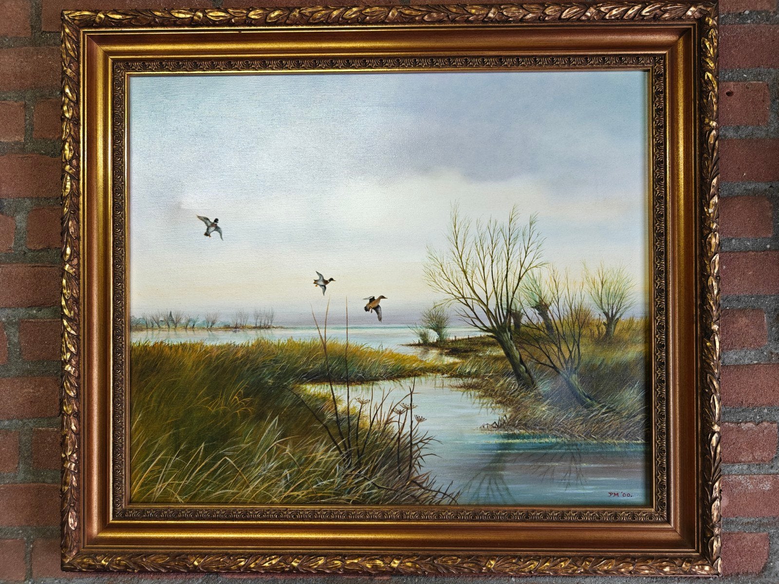 Schilderij: Eenden boven waterlandschap in lijst, Antiek en Kunst, Kunst | Schilderijen | Klassiek, Ophalen, Ingelijst, Doek, Oud hollands