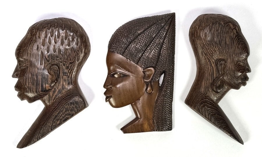 896. Houten wanddecoraties - geprofileerde hoofden, Afrika, Ophalen of Verzenden, Afrika, Hout, Wanddecoratie