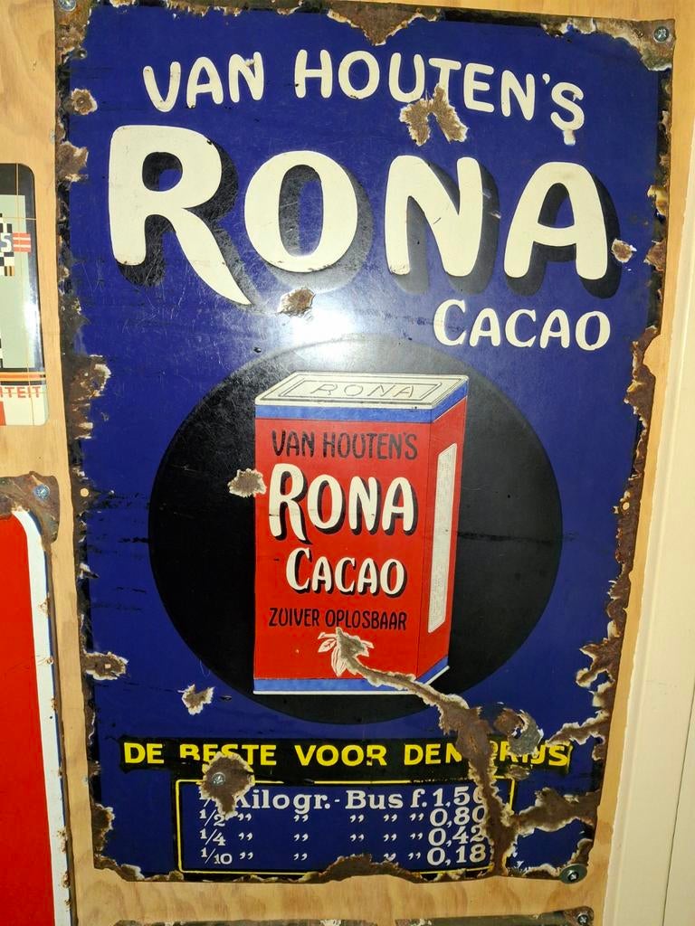 Van Houten Rona cacao emaille, Verzamelen, Ophalen, Gebruikt, Reclamebord