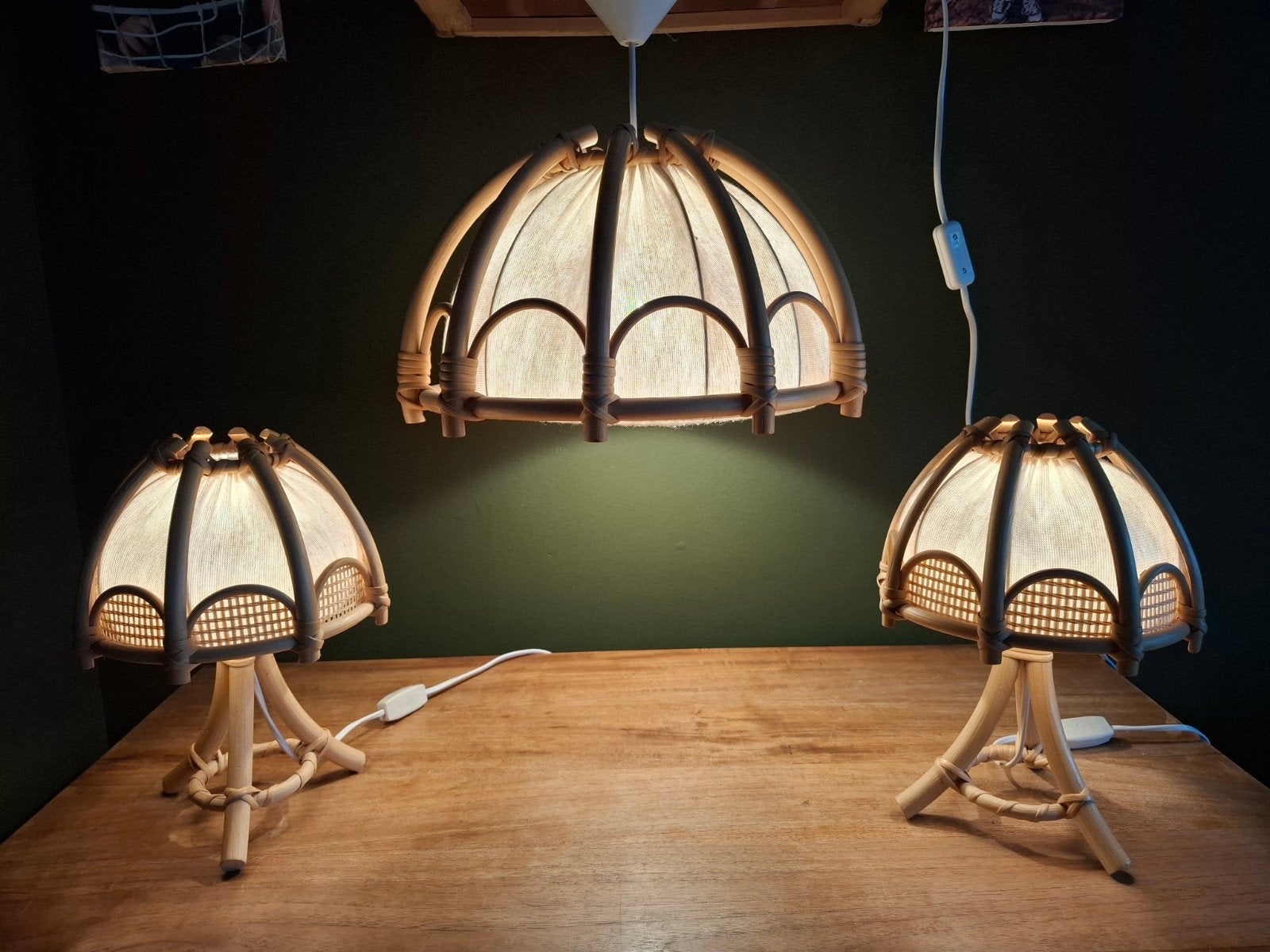 Vintage bamboe rotan lampenset, Huis en Inrichting, Lampen | Tafellampen, Gebruikt, Overige merken, Vintage, 25 cm