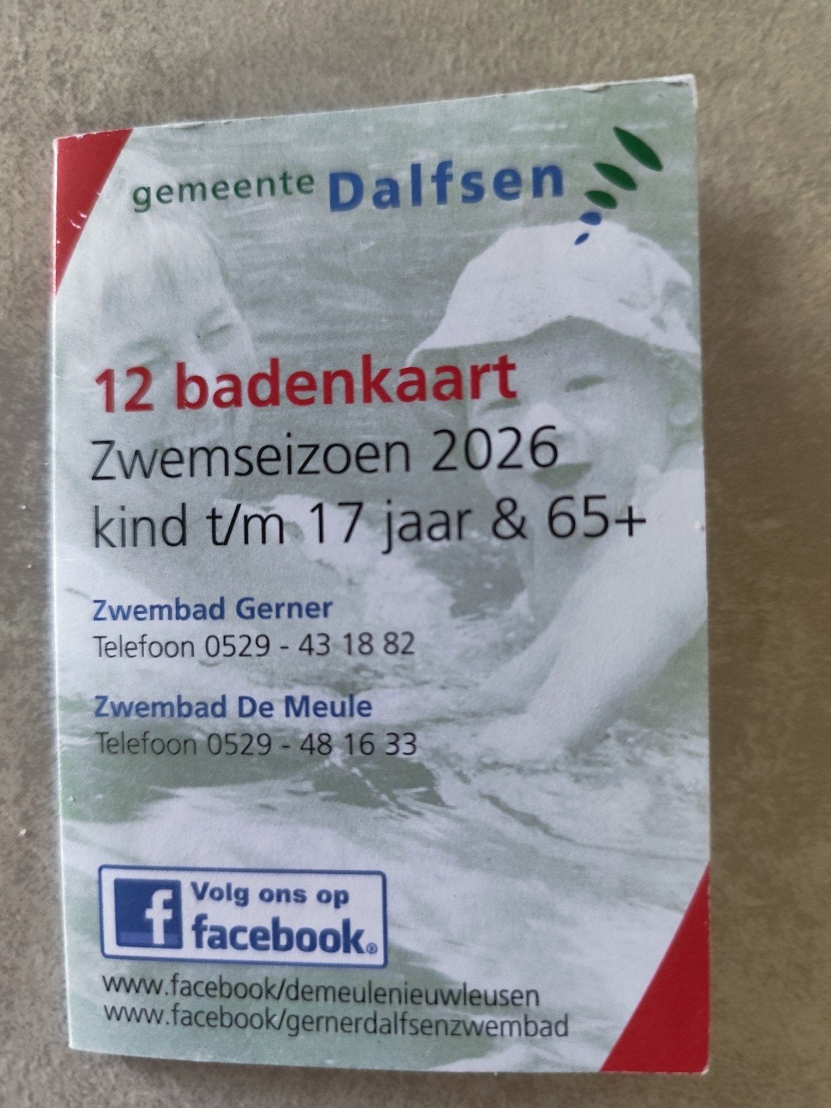 12 baden kaart zwembad de Meule of zwembad Gerner, Tickets en Kaartjes, Recreatie | Overige, Drie personen of meer, Ticket of Toegangskaart