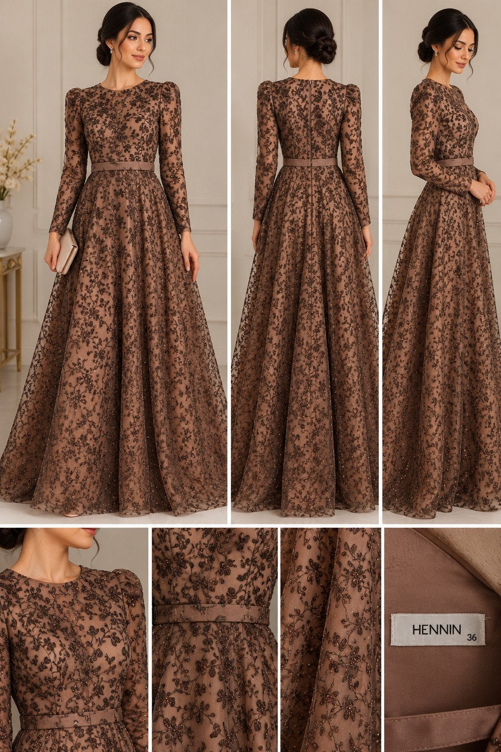 HENNIN Galajurk Maat 34 – Lange Glitterjurk met Bloemen, Galajurk, Bruin, Ophalen of Verzenden, Maat 34 (XS) of kleiner