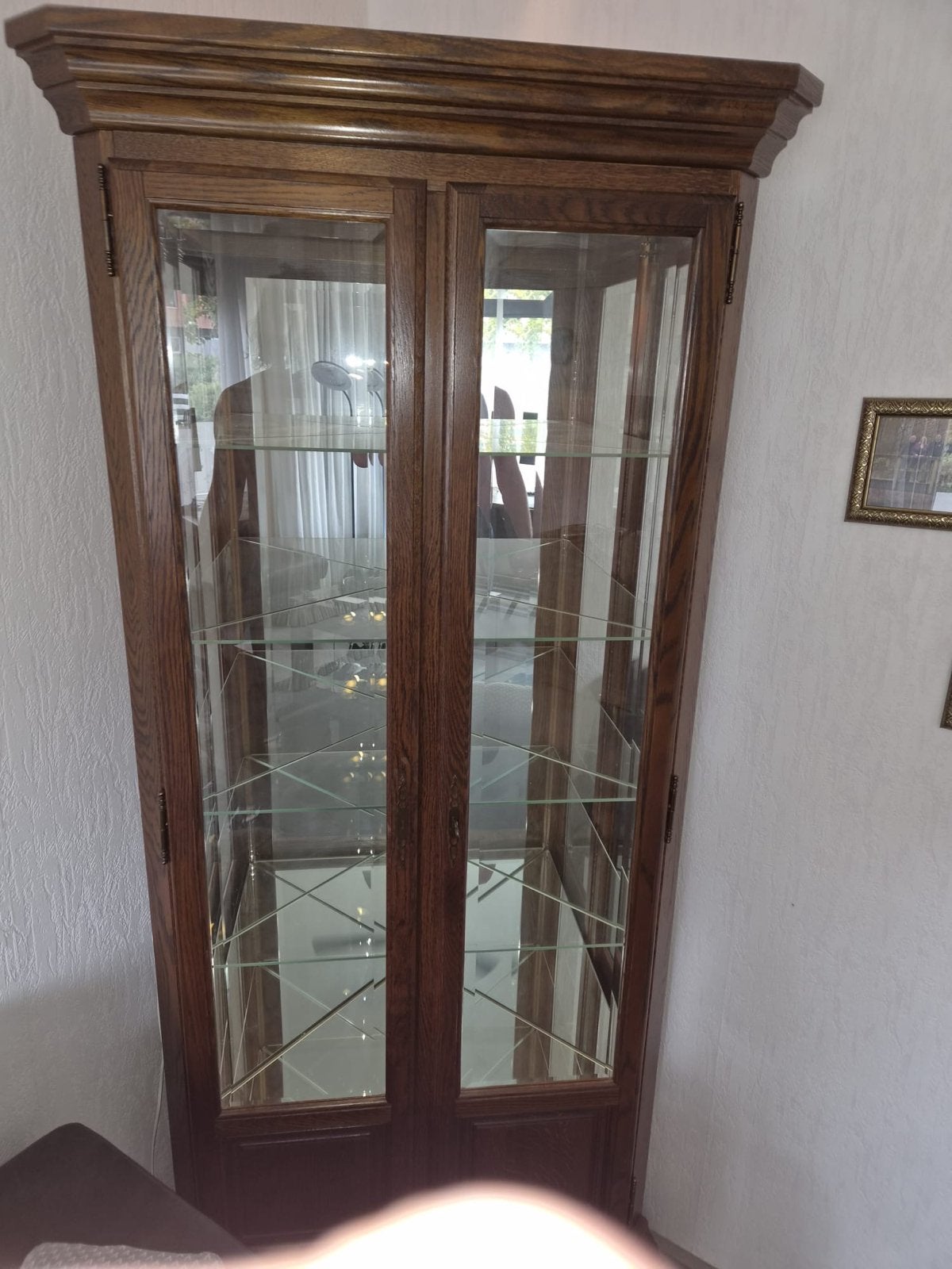 Mooie houten vitrinekast met glazen planken en verlichting, Ophalen, Gebruikt, 200 cm of meer, 50 tot 100 cm