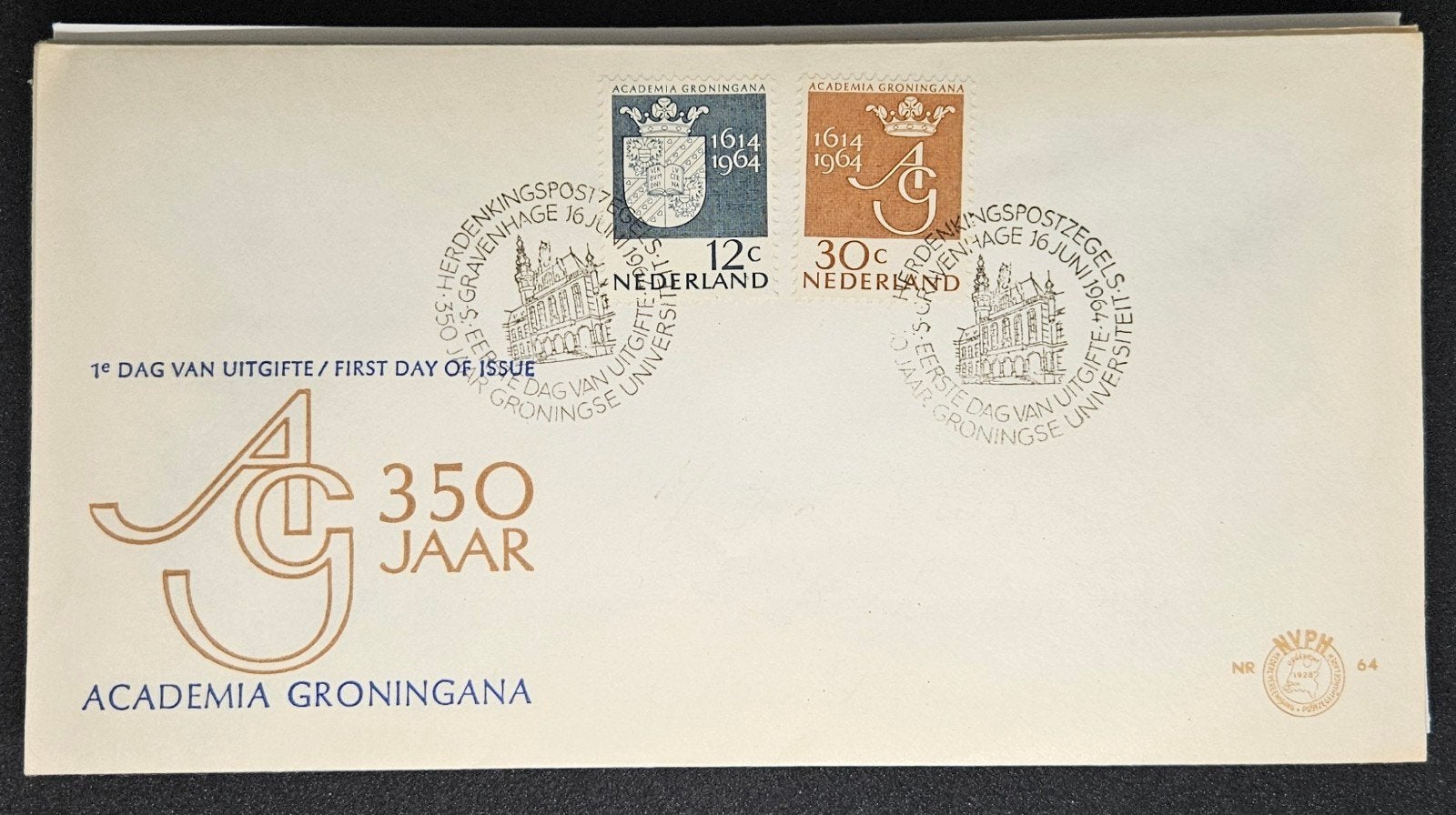 FDC 1964: 350 Jaar Rijksuniversiteit Groningen (E64), Verzenden, Onbeschreven, Nederland