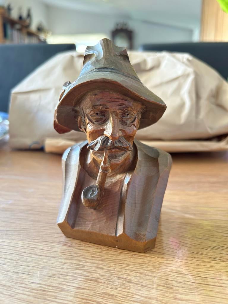 Vintage houten beeldje man met pijp, Antiek en Kunst, Ophalen of Verzenden