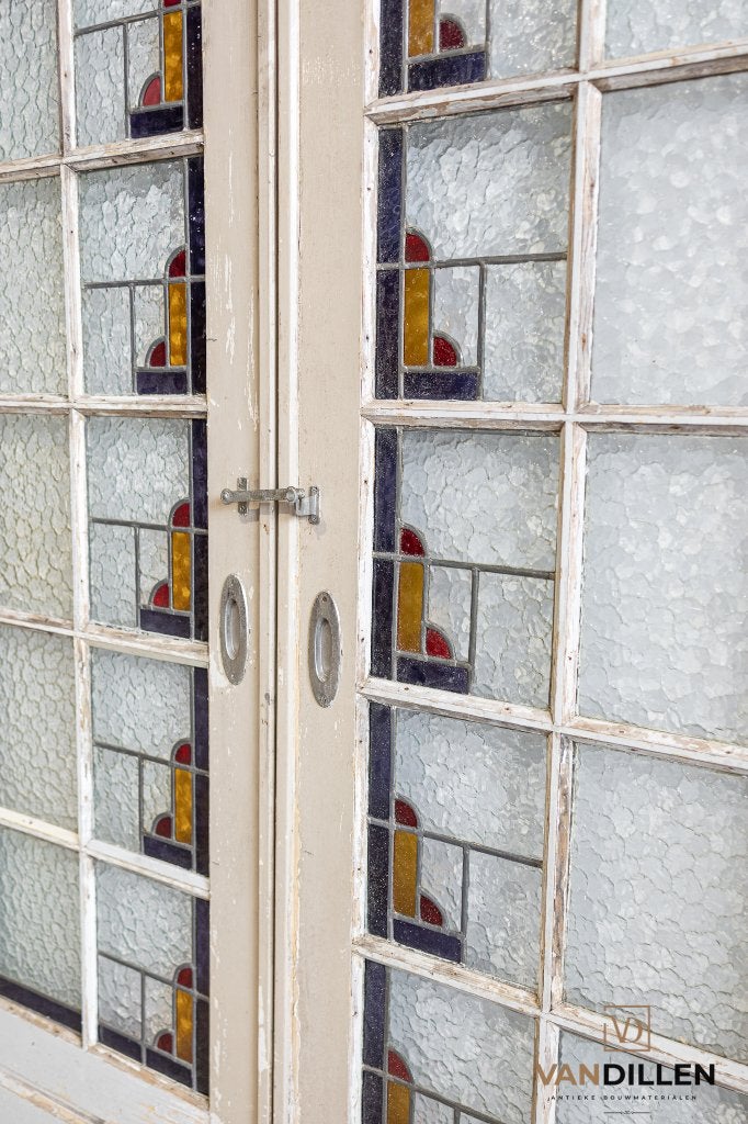 Oude ensuite / schuifdeuren glas in lood en roede 212 x 78.5, 120 cm of meer, Binnendeur, Ophalen of Verzenden, Zo goed als nieuw