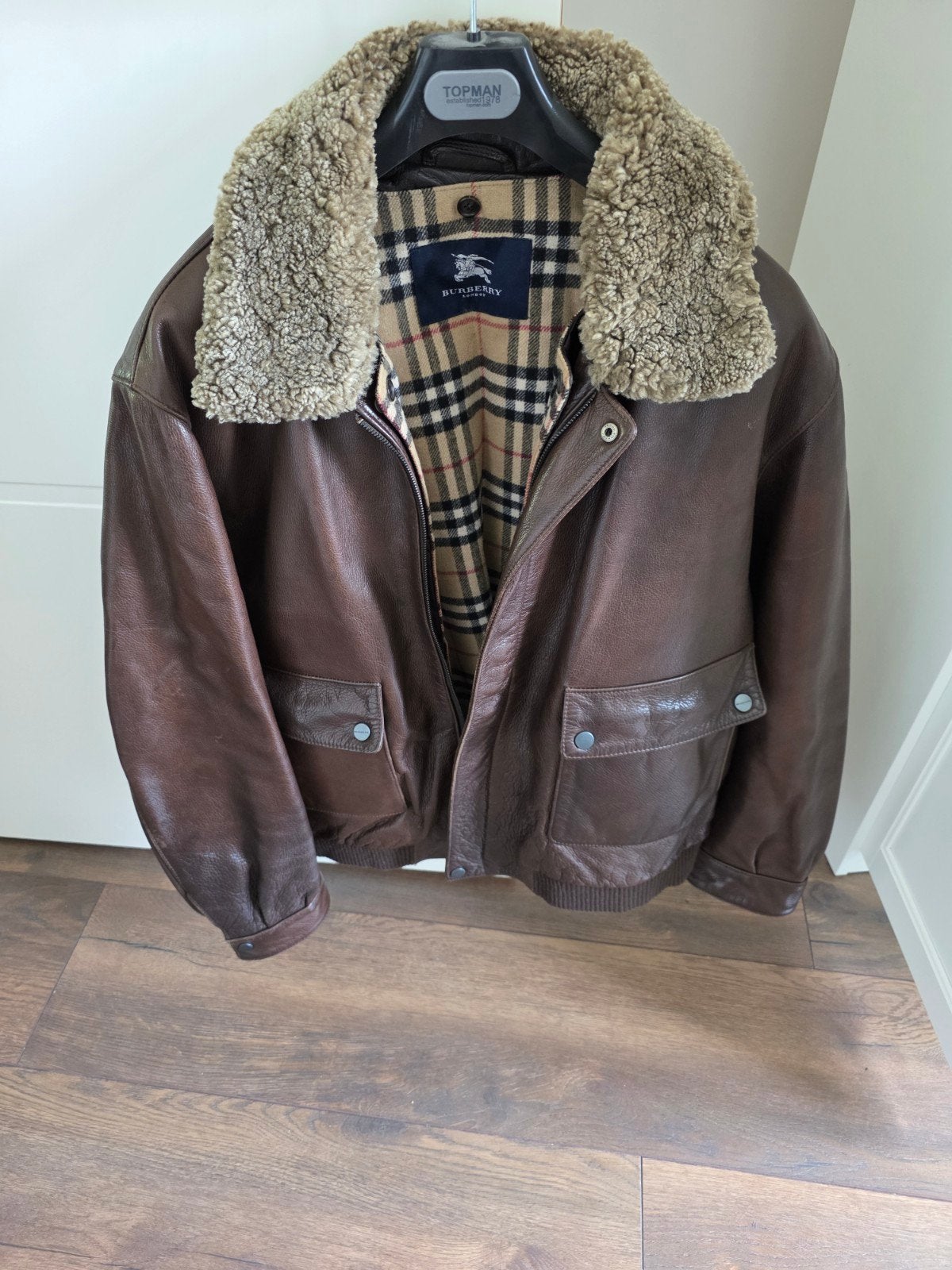 Burberry leren pilotenjack met schapenvacht kraag, Ophalen, Zo goed als nieuw, Maat 56/58 (XL), Bruin
