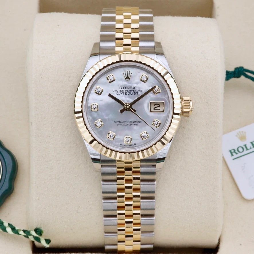 Rolex Lady Datejust 28 - Factory Mother of Pearl Diamond, Ophalen of Verzenden, Zo goed als nieuw, Staal, Rolex