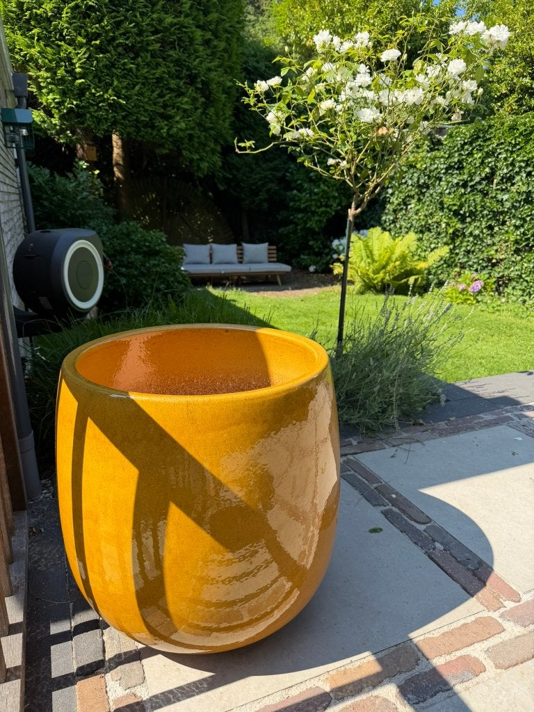 Bloempot oker geel (binnen als buiten toepasbaar), Tuin en Terras, Bloempotten, Ophalen, Overige materialen, 40 cm of meer, Rond