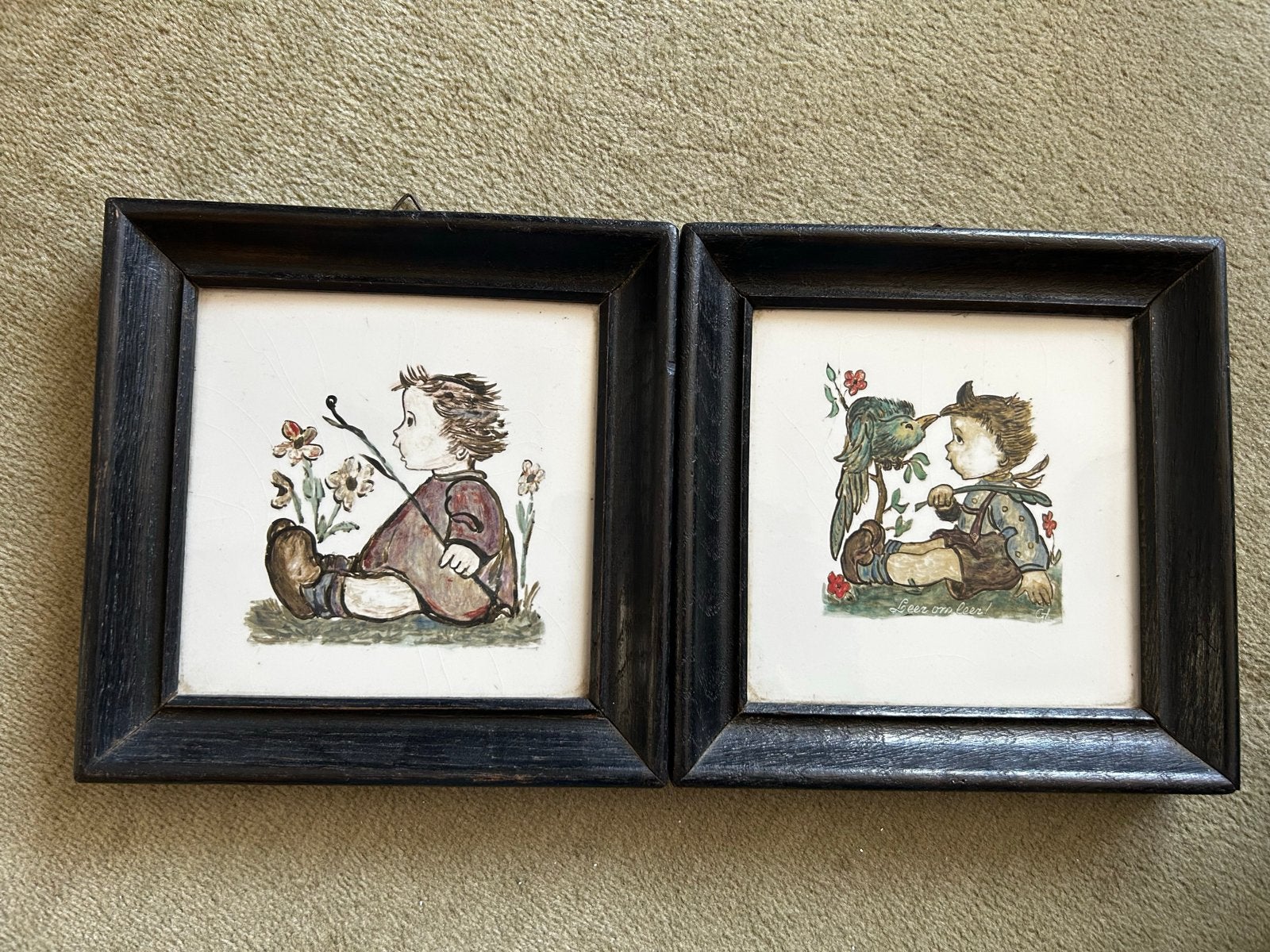 Vintage Hummel-stijl ingelijste prenten (2 stuks), Ophalen of Verzenden, Print, Print/reproductie, Ingelijst