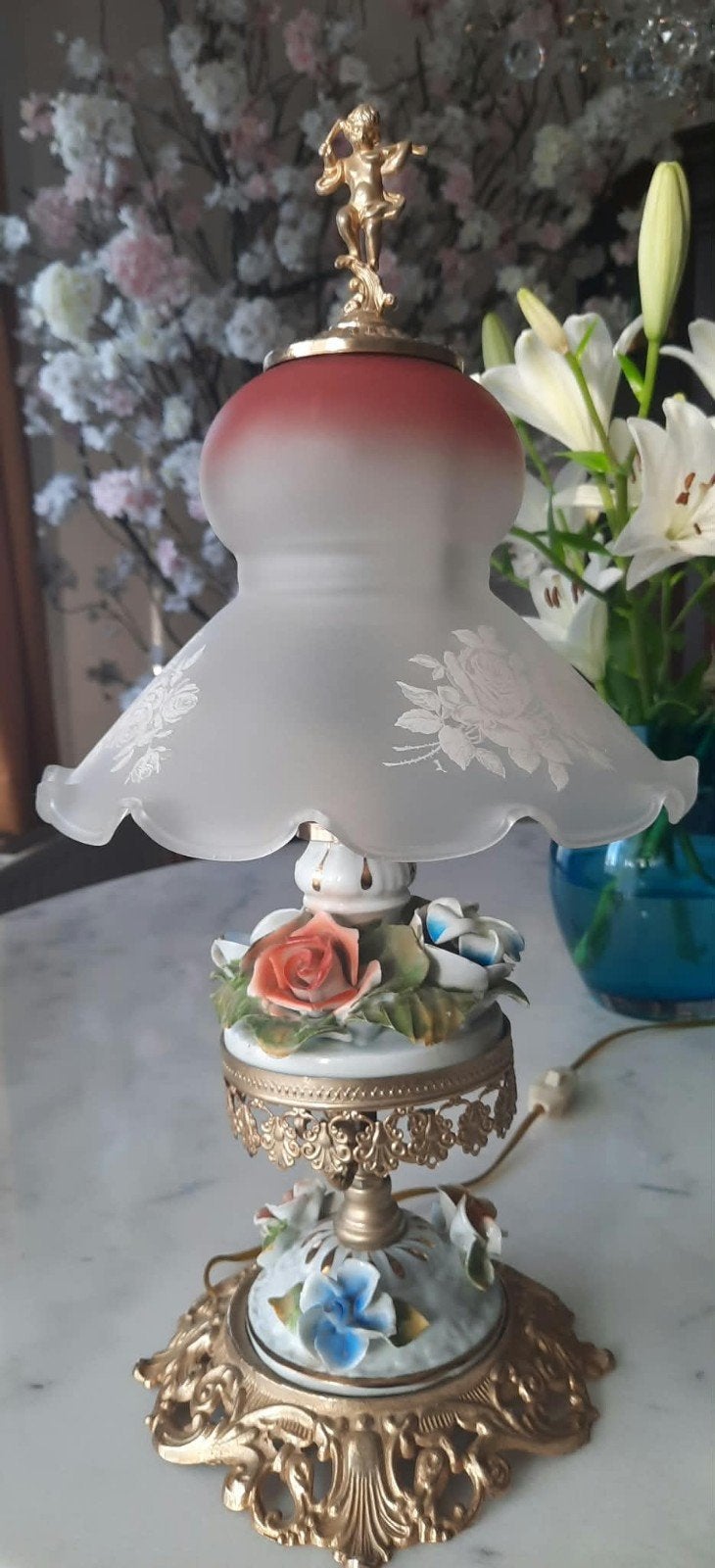 Vintage Italiaanse Tafellamp met Porseleinen Bloemen, Ophalen