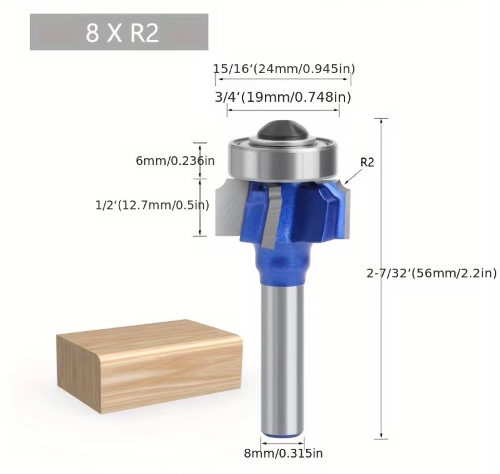 Afwerkingsfrees Radius 2mm - 4 snijvlakken - 8mm stift, Ophalen of Verzenden, Nieuw, Bovenfrees