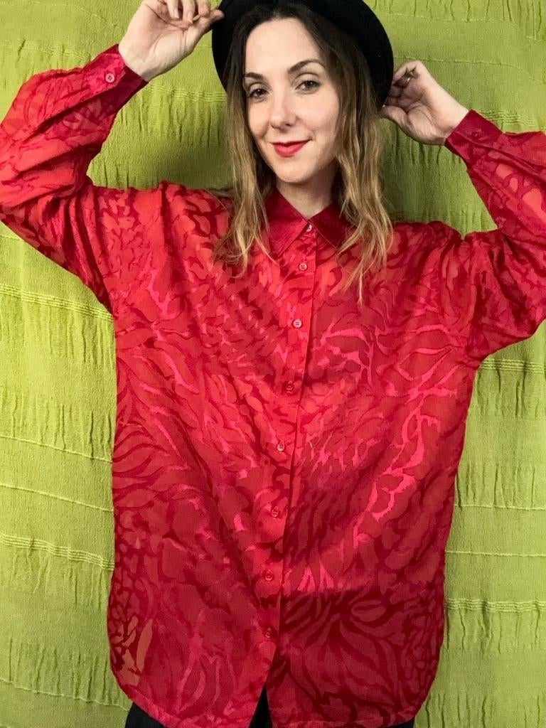 Vintage blouse, maat 40/42 - L/XL - rood - 90's, Maat 38/40 (M), ,, Ophalen of Verzenden, Vintage