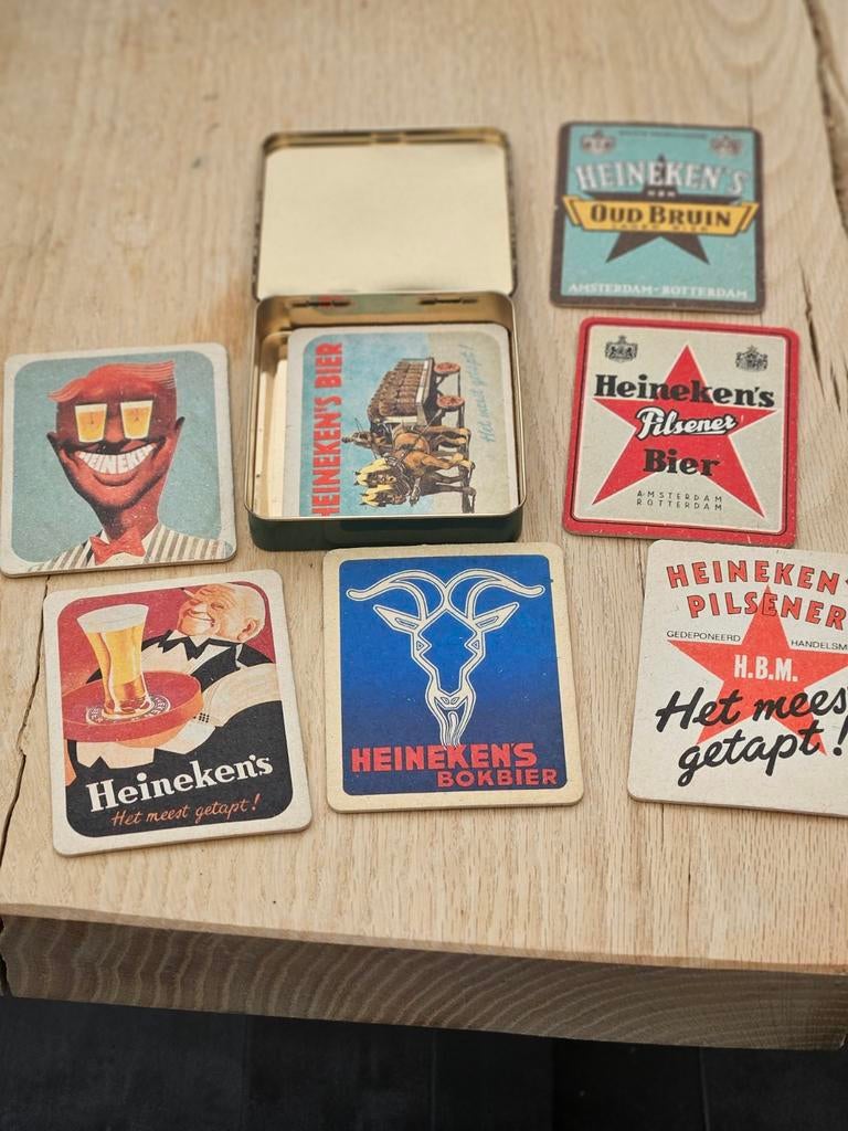 2x Vintage Heineken viltjes en blikje, Ophalen of Verzenden, Gebruikt, Viltje(s), Heineken