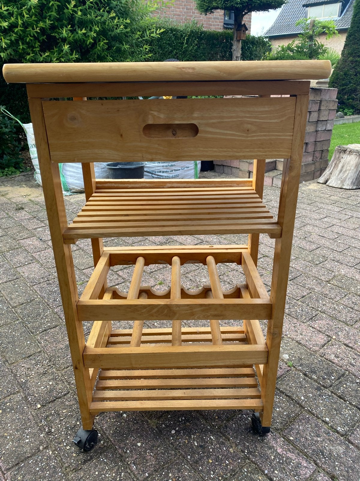 Houten Keukentrolley met Lade en Wijnrek, Ophalen, Gebruikt, Hout, Keukentrolley