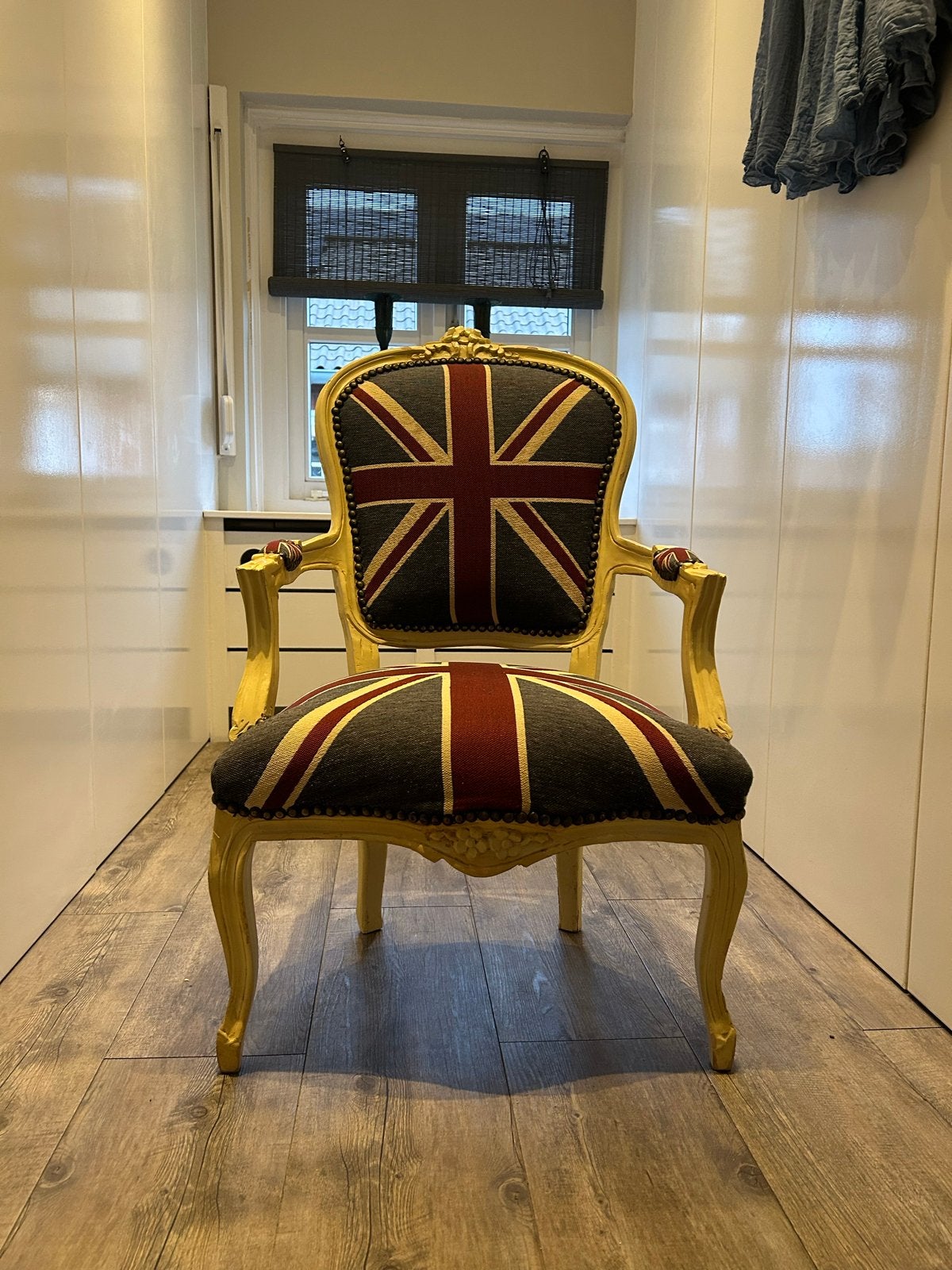 Brocante Fauteuil met Union Jack Bekleding, Ophalen, Gebruikt, Minder dan 75 cm, 50 tot 75 cm
