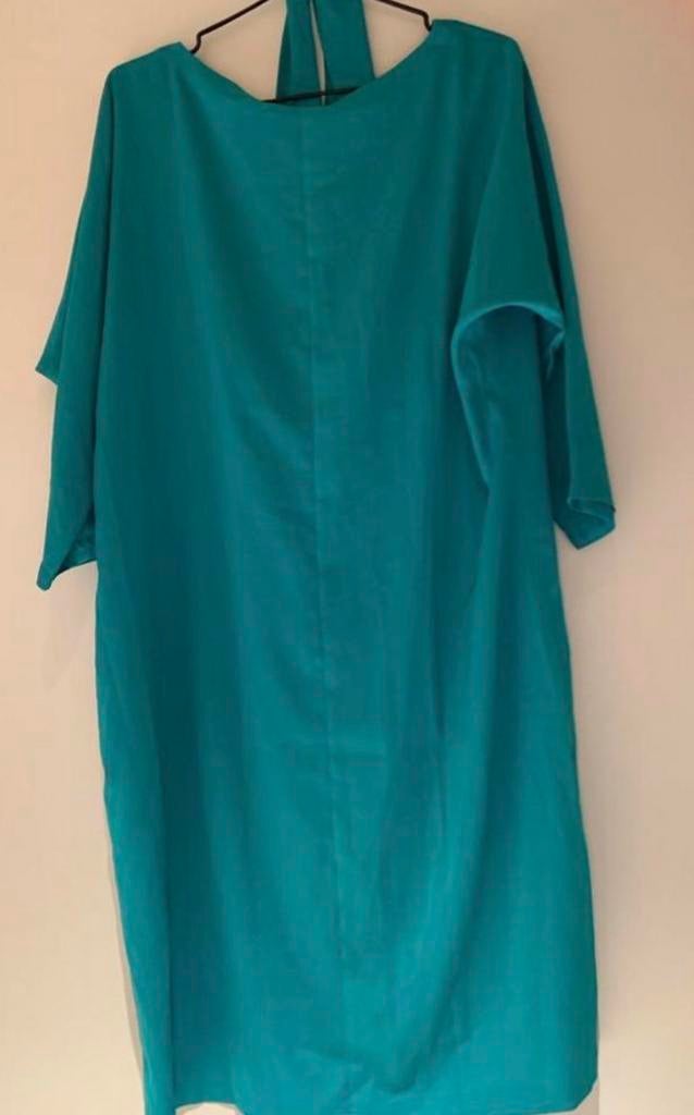 LaDress crepe jurk L zgan groen/blauw met sash, Maat 42/44 (L), Ophalen of Verzenden, Zo goed als nieuw, Knielengte
