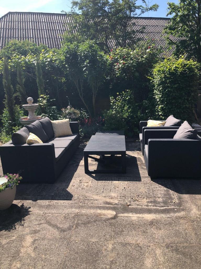 Loungeset tuin antraciet wicker, Tuin en Terras, Ophalen, 5 zitplaatsen, Gebruikt, Eettafel