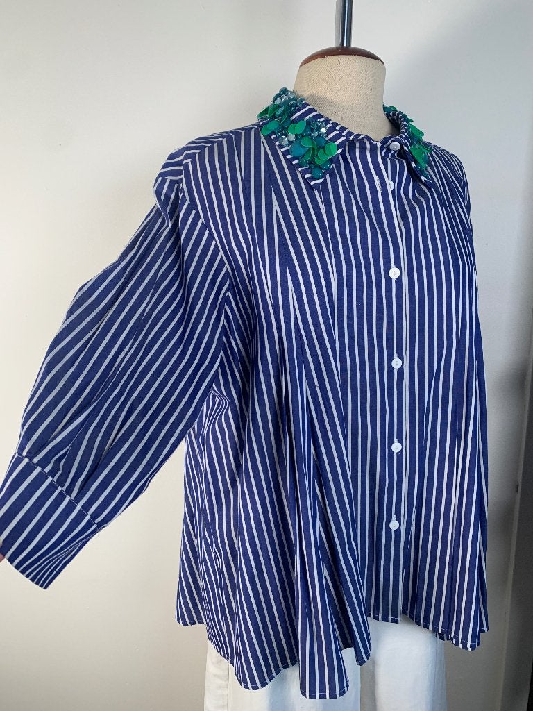Weill blouse paillette kraag streep blauw wit 38/40, Kleding | Dames, Maat 38/40 (M), Weill, Zo goed als nieuw, Verzenden