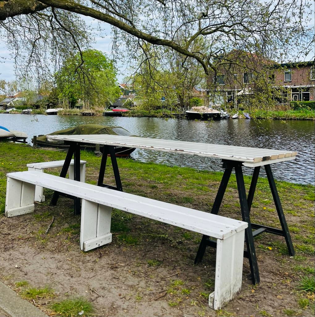 Picknicktafel 213/ 80 cm, met 2 losse banken, Tuin en Terras, Picknicktafels, Ophalen, Gebruikt, Rechthoekig, Hout