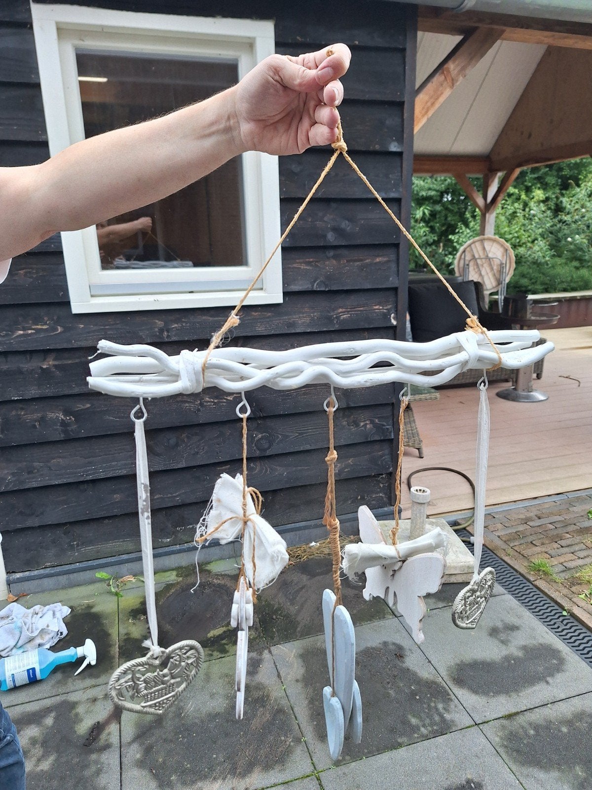 Unieke handgemaakte mobiel/windgong van hout en metaal, Ophalen, Hout, Wit, Landelijk
