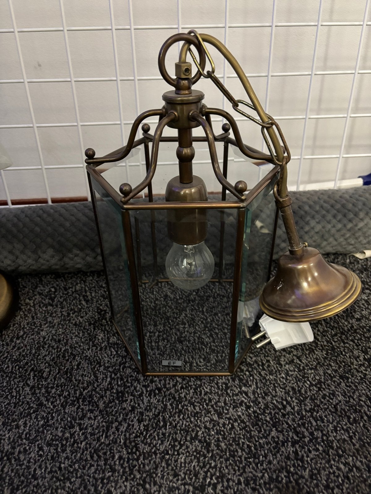 Vintage Hanglamp Brons/Glas - Klassieke Stijl, Ophalen of Verzenden, Gebruikt, Glas