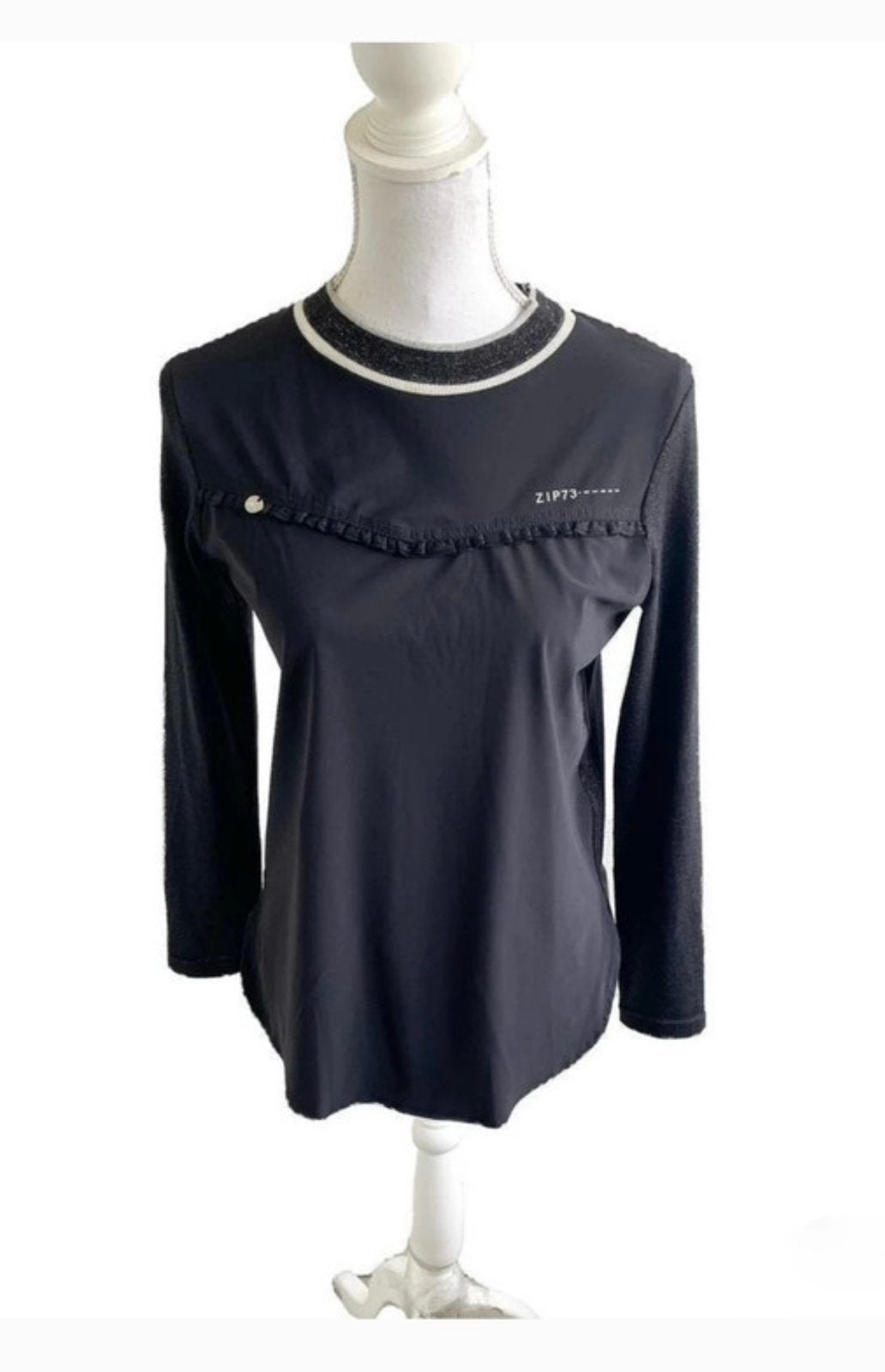 Zip 73 zwarte travelstof top met glitter XS, Kleding | Dames, Zwart, Ophalen of Verzenden, Zo goed als nieuw, Lange mouw